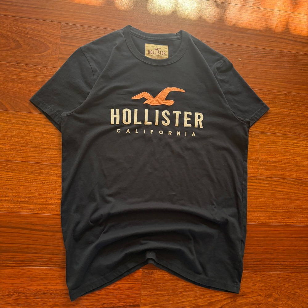 Y2K Hollister Graphic Tee Navy Blue Cotton Embroidered Seagull Logo Shirt M